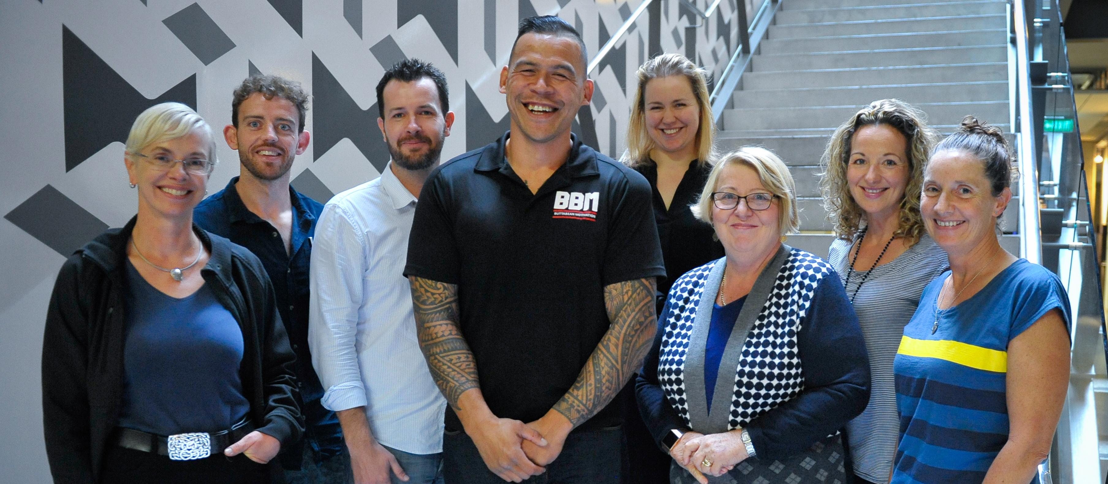 Buttabean Motivation founder Dave Letele with obesity course participants Birgit McConnachie, Tom Davies, Chris McKnight, Zoe Sole, Debbie Young, Anna Lamb and Fi Hezinger