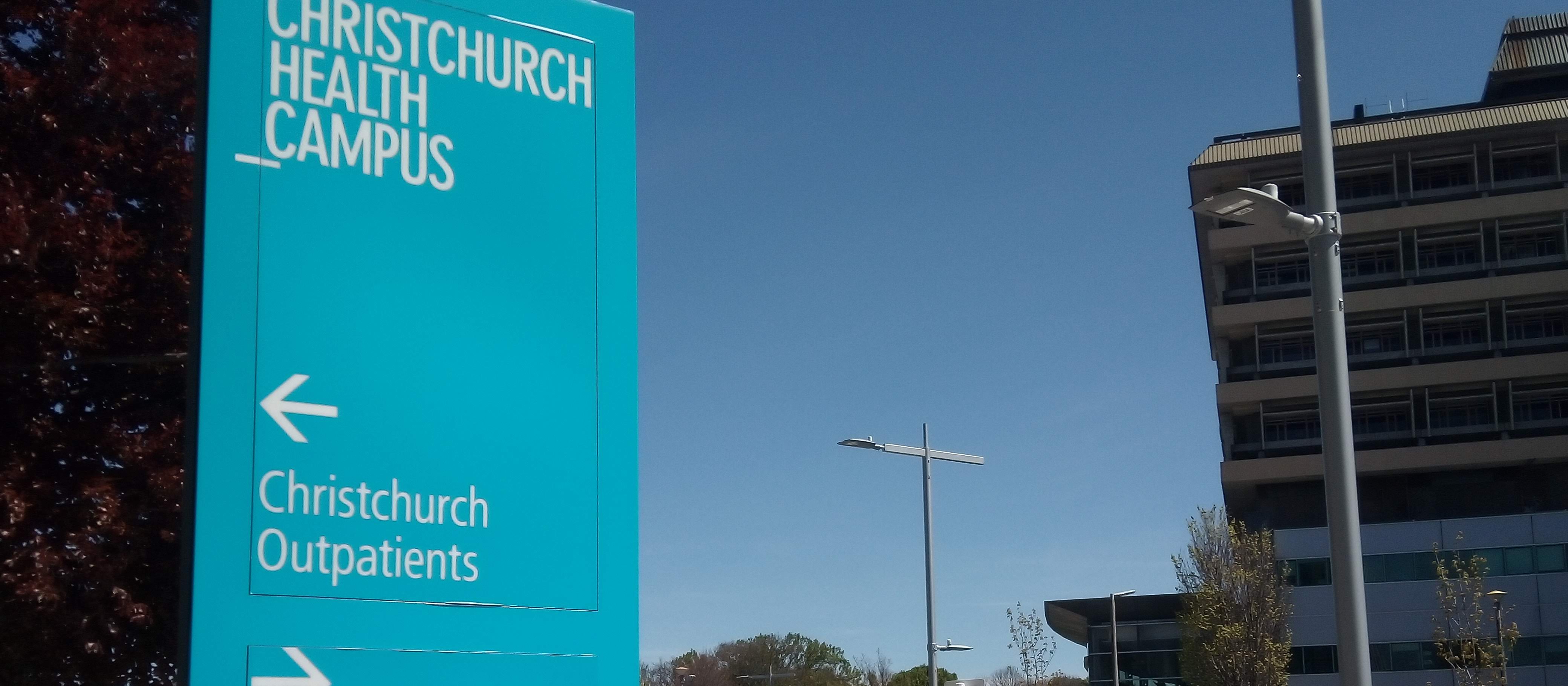 Christchurch Hospital and signs 2019