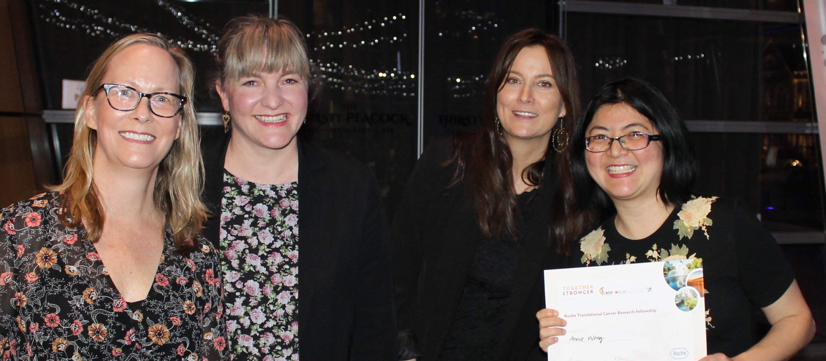 RTCRF winner Dr Annie Wong (far right) accepts the fellowship award from Roche patient journey partners (left to right) Stacey Poppelwell, Sheree Clifton, and Janine Beale [Image: supplied]