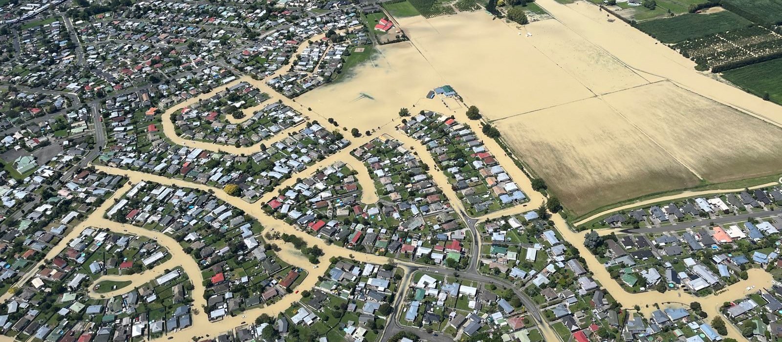 Flooding across fields and residential areas caused by Cyclone Gabrielle