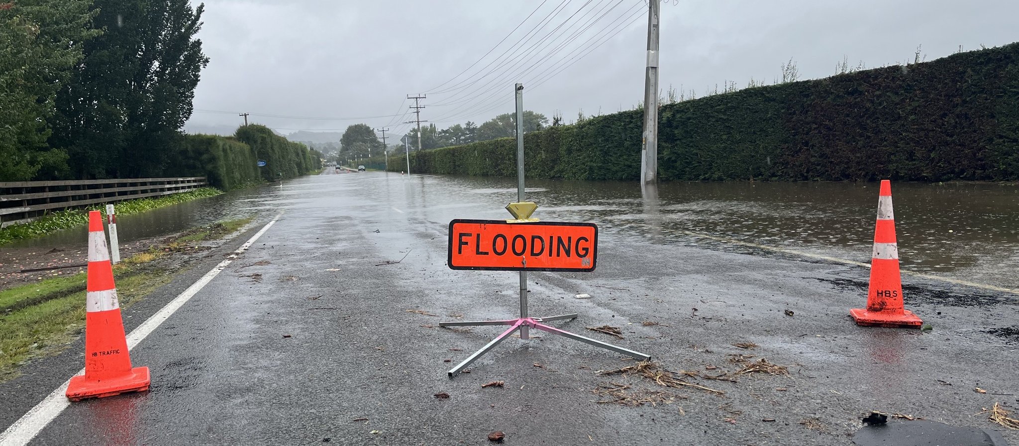 Road flooded in Hawkes Bay from Cyclone Gabrielle