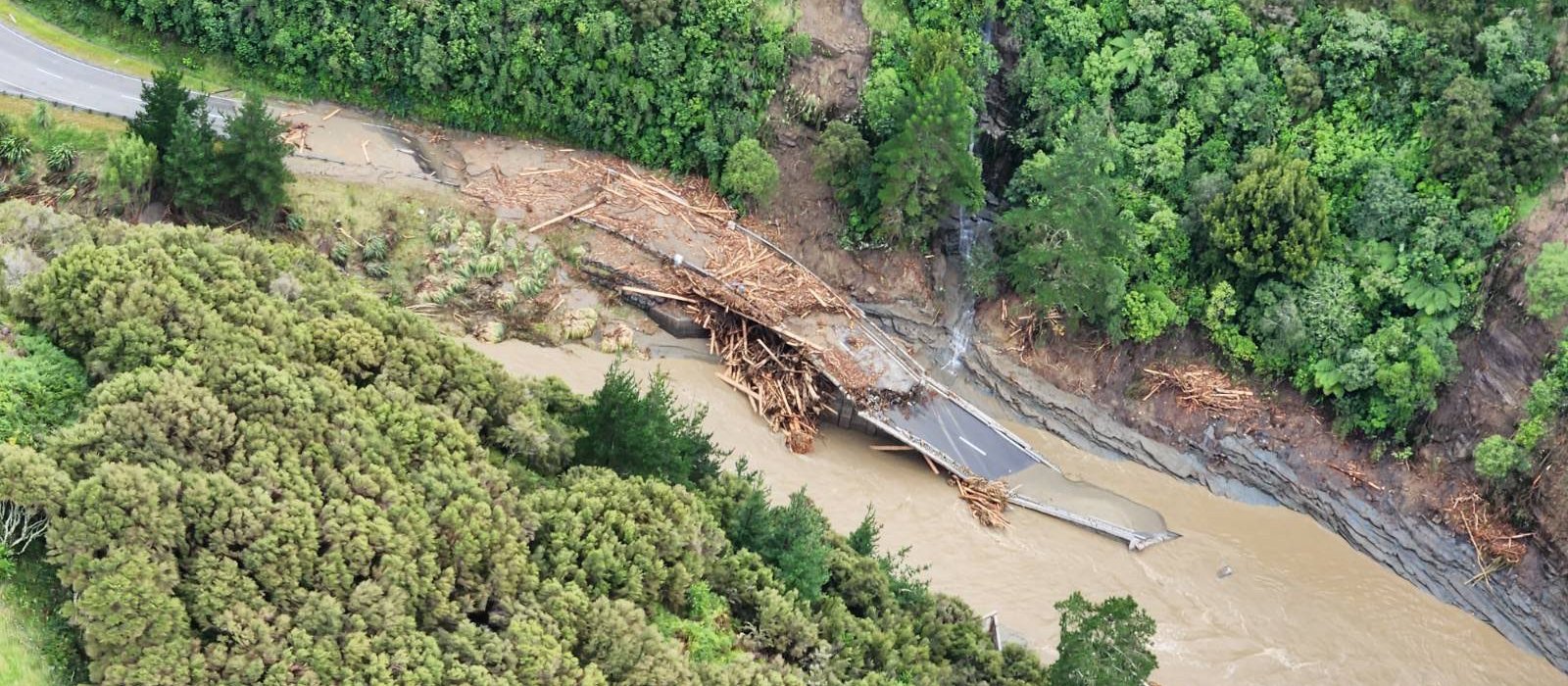 Part of SH2 washed out by flooding caused by Cyclone Gabrielle