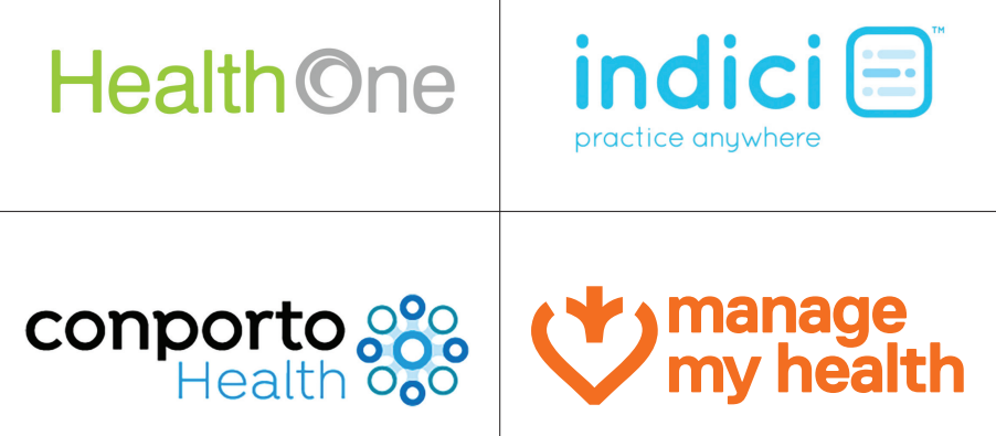 Health One, Indici, Conporto Health, Manage My Health logos