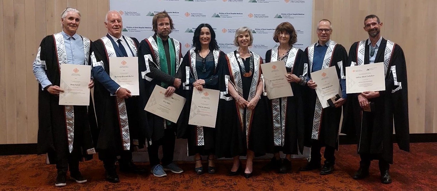 RNZCGP fellows GP24 (From left: Tony Farrell, Tony Becker, Rory Miller, Ranche Johnson, Sam Murton (President), Veronica Lamplough, David Maplesden and Mark Lankshear)