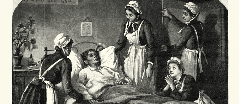 Victorian print, Victorian nurses aid the dying CR iStock