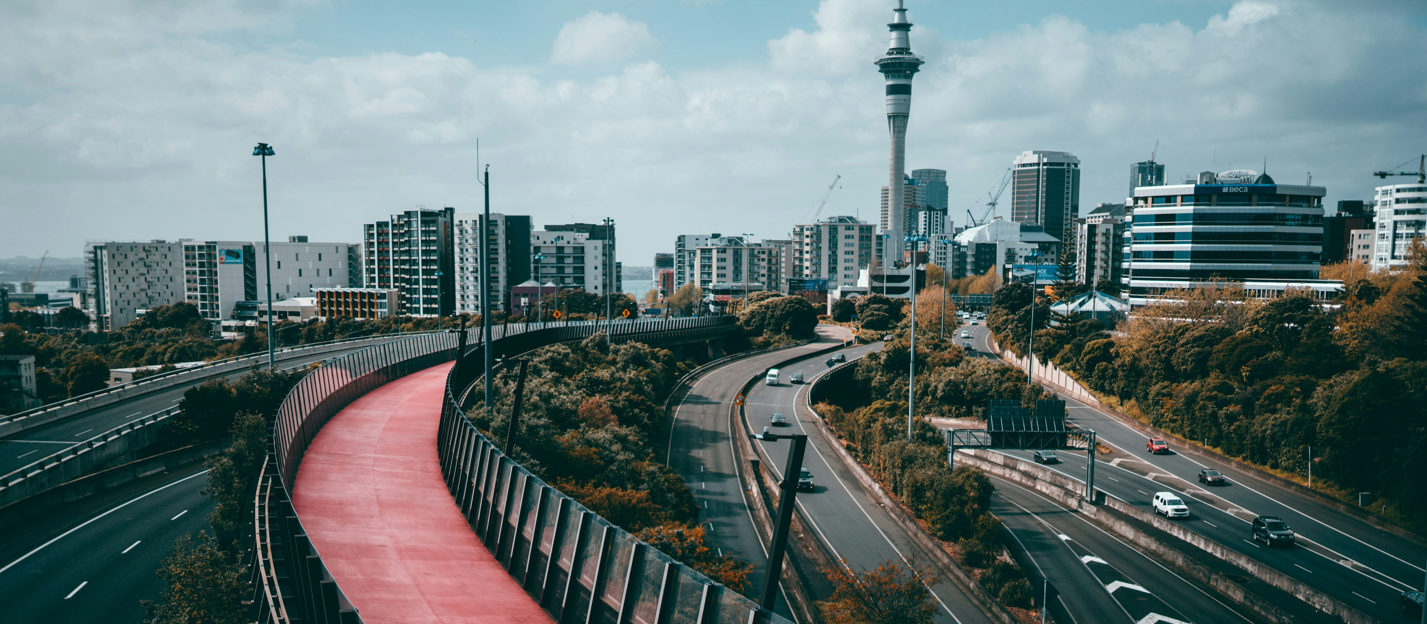 Auckland city with Skytower in the background, motorway and pink cycleway in foreground