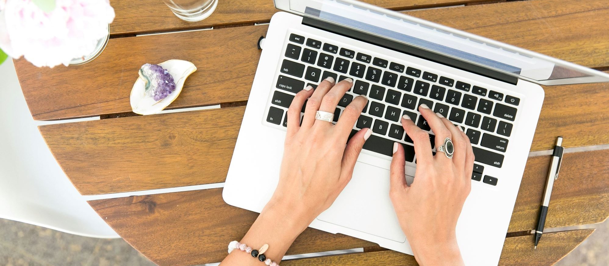 Woman, laptop, computer, hands