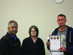 The court’s pou oranga (Māori spiritual adviser) Rawiri Pene, Judge Lisa Tremewan and Trent Adams, a graduate of the Alcohol and Other Drugs Court last year