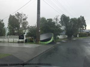 Trampoline blown about by storm