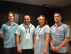 Graduates of the Cook Islands collaborative GP fellowship Tom Dawson, Teariki Puni and Joel Pirini with Cook Islands secretary of health Josephine Herman