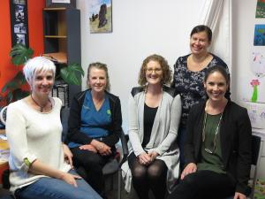 Some members of Wanaka’s Aspiring Medical Centre team gather for an HCH meeting: Jayne Davies (GP), Lynda Davis (nurse manager), Caroline Stark (general manager), Carolyn McKenzie (standing, GP) and Annelies Visser (operations manager)