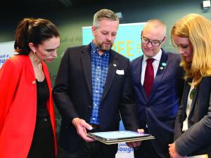 Just a Thought project lead Charlie David and clinical lead Anna Elders with prime minister Jacinda Ardern and minister of health David Clark 