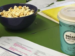 Green Table and popcorn