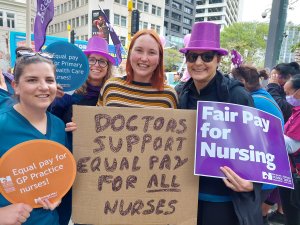 Striking Newlands Medical Centre nurses Keri Ingham, Jaydee Cannell and (far right) Julia Macer were delighted that centre GP Madeline Gee (2nd from right) supported the rally