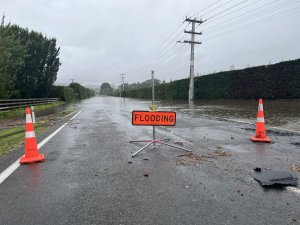 Road flooded in Hawkes Bay from Cyclone Gabrielle