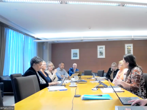 A screenshot image from a Zoom meeting of the Te Whatu Ora board members sitting around a table with laptops and notes