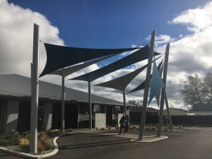 Huge sails grace the entrance of the Three Rivers Health centre