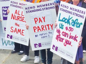 Pay Parity placards Wellington Strike Rally 27 Oct 2022 CR Fiona Cassie