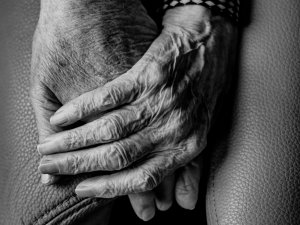 black and white image, close-up of hands of two old people holding hands