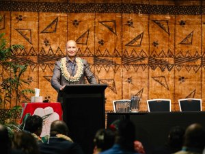 Minister of whānau ora Tama Potaka speaking at last week’s Pasifika Futures Whānau Ora Conference in Auckland