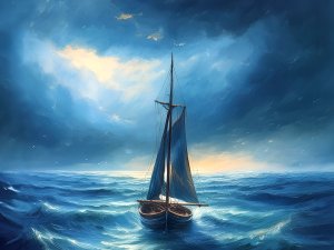 Adrift - sailing dinghy at sea CR Photoshop AI image