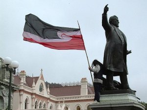 The Tino Rangatiratanga flag flying during a protest at Parliament