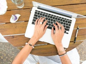 Woman, laptop, computer, hands