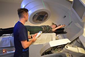 Radiation therapist head of treatment Dean Paterson demonstrates how in-vivo dosimetry is used to test patients.